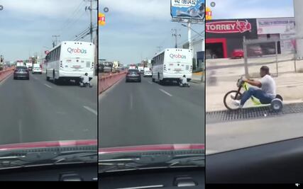 Captan unidad de Qrobús remolcando un triciclo en avenida 5 de Febrero