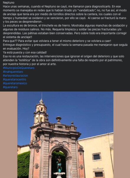 "Lo barato sale caro", dicen en redes sociales para cuestionar restauración de la Fuente de Neptuno