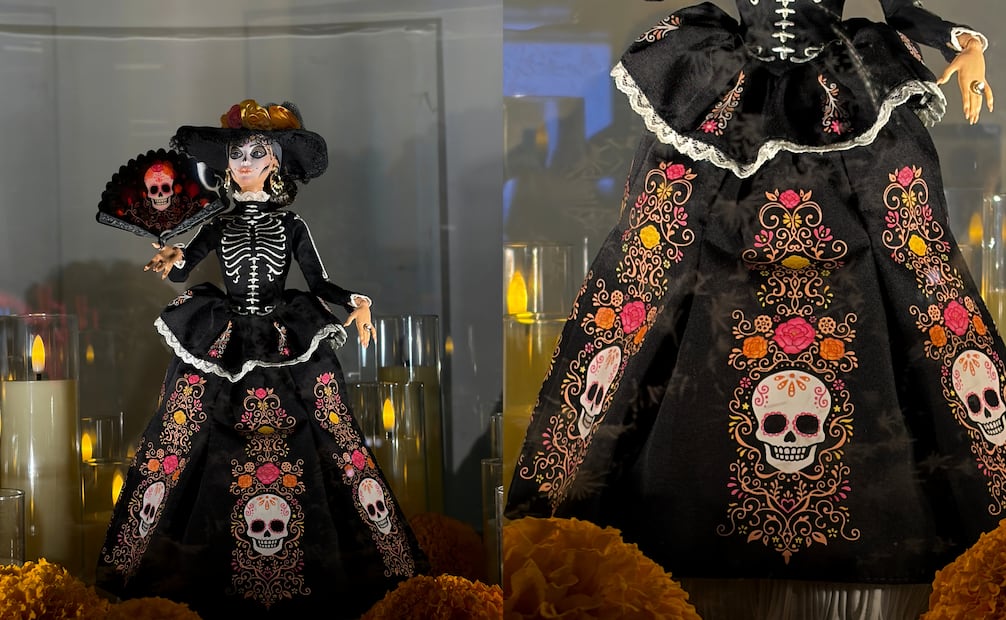 El vestido de esta Barbie muestra detalles de flores y calaveras en estilo caricatura. Foto: Fernanda OH / EL UNIVERSAL