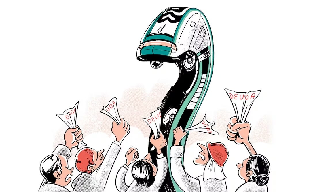 Se cuadriplica la deuda del Tren Maya. Ilustración de Ani Cortés