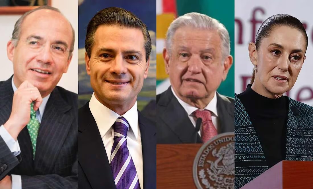 El expresidente Felipe Calderón, Enrique Peña Nieto, Andrés Manuel López Obrador y la presidenta Claudia Sheinbaum Pardo. Fotos: Berenice Fregoso y archivo EL UNIVERSAL