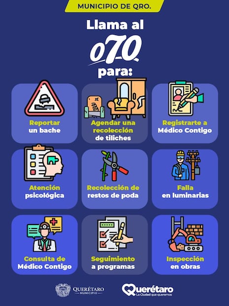 Servicios que ofrece la línea de atención ciudadana de Querétaro 070. Foto: Gobierno municipal de Querétaro.