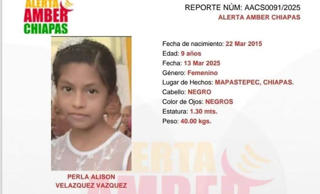 La niña Alison Velázquez Vázquez, de nueve años de edad, fue reportada como desaparecida desde el 13 de marzo en Mapastepec, Chiapas (22/03/2025). Foto: Especial