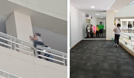 Manifestante se cuelga de un barandal para ver al alcalde Luis Nava