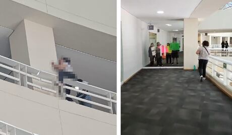 Manifestante se cuelga de un barandal para ver al alcalde Luis Nava