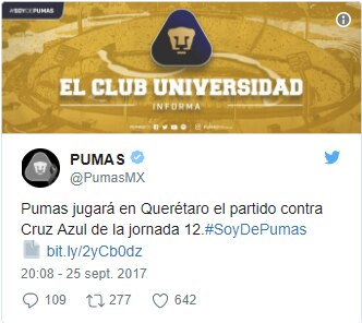 Pumas y Cruz Azul jugarán la jornada 12 en Querétaro