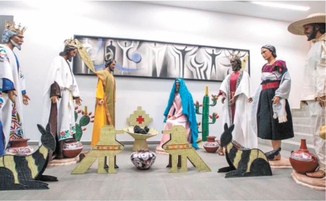 En la elaboración del nacimiento se utilizaron materiales como obsidiana suprema, textiles, bordados, carrizos, latón, ixtle, palma y madera. CORTESÍA