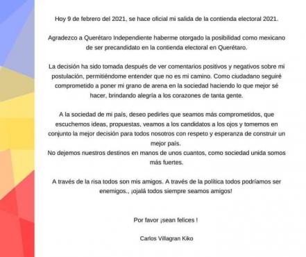 "Gracias, pero me retiro de la política", dice Carlos Villagrán "Kiko"