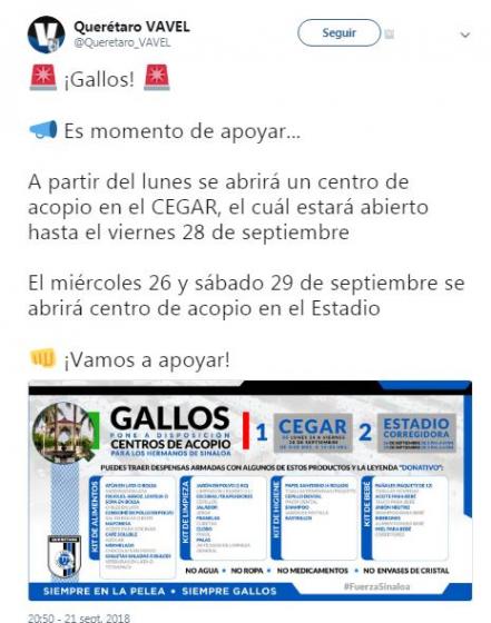 Gallos Blancos se solidariza con Sinaloa