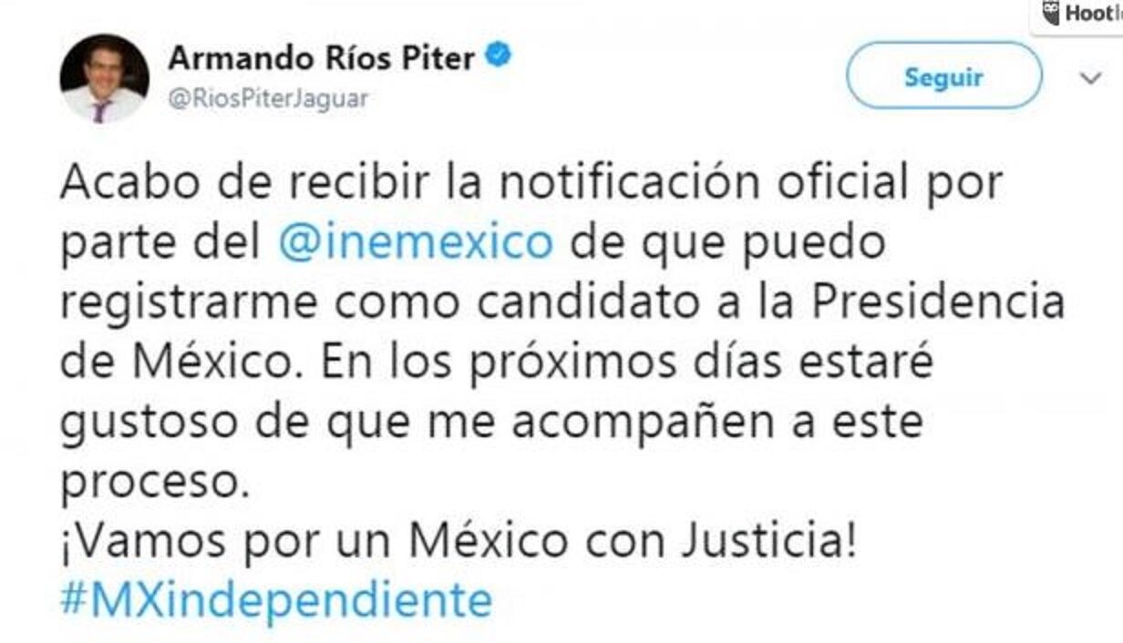 Ríos Piter afirma que también recibió aval del INE para registro