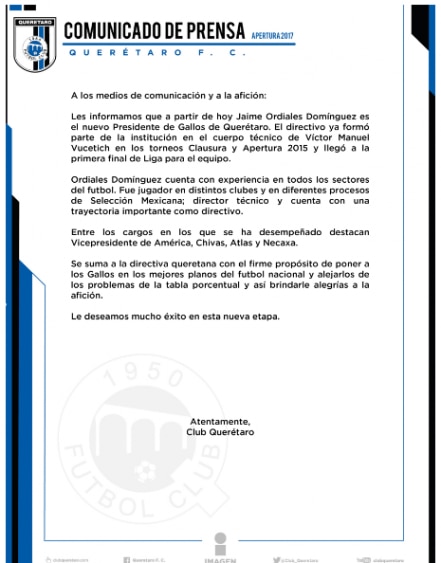 Jaime Ordiales, nuevo presidente de Gallos Blancos