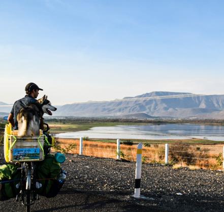 A bordo de bicicleta, Loki, el perrito viajero, llegó a la Sierra Gorda
