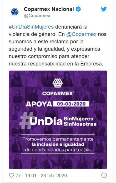 Coparmex se une al paro Un Día Sin Nosotras