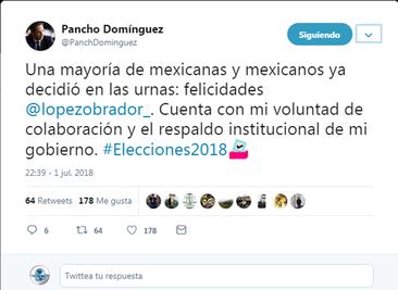 Francisco Domínguez felicita a López Obrador