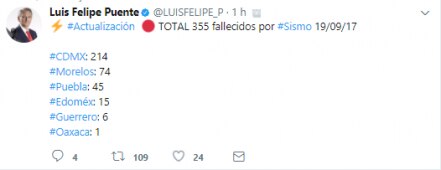 Aumenta a 355 la cifra de muertos tras el sismo del 19-S