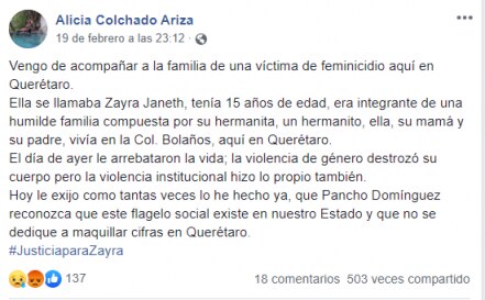 Activista denuncia feminicidio en Querétaro; pide #JusticiaParaZayra