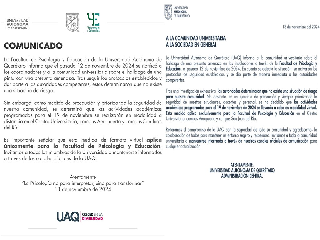 Facultad de Psicología de la UAQ anuncia clases virtuales el 19 de noviembre, tras supuesta amenaza. Foto: Captura de pantalla