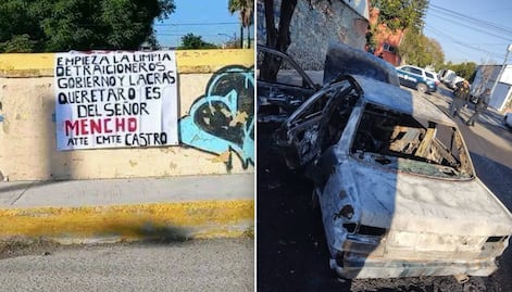 Queman auto, tras aparición de presuntas narcomantas en Querétaro