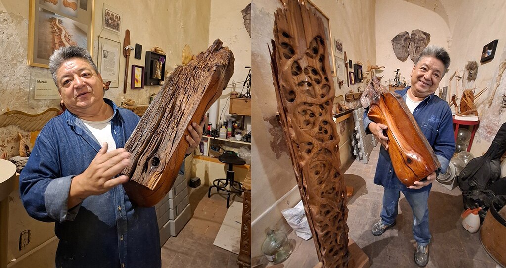Caín Torres hace escultura con madera de 300 años