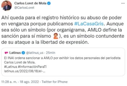 Loret de Mola reacciona a sanción del Inai contra AMLO por exhibir sus datos personales en una mañanera