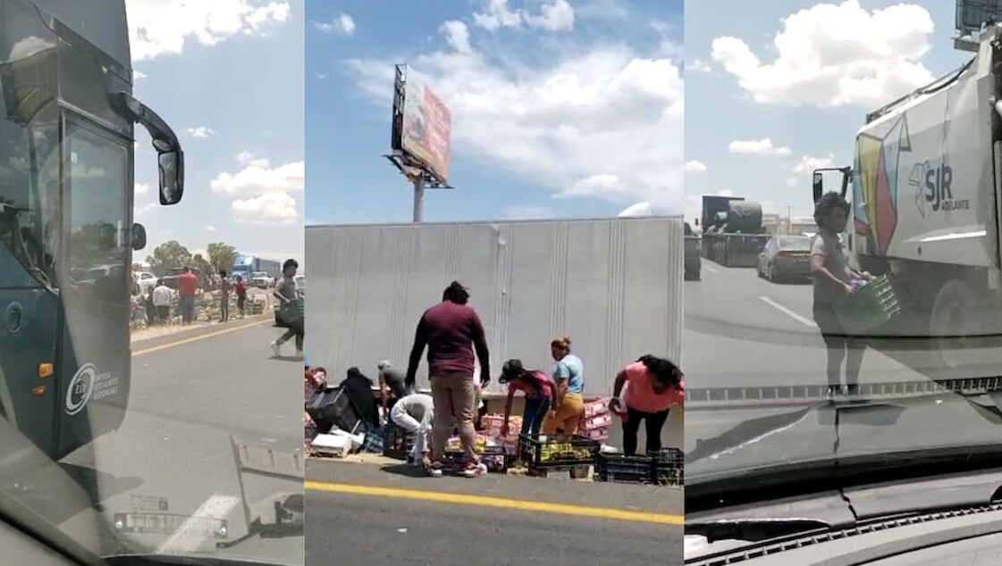 No es rapiña, regalan mangos en la autopista México-Querétaro, tras volcadura de tráiler 