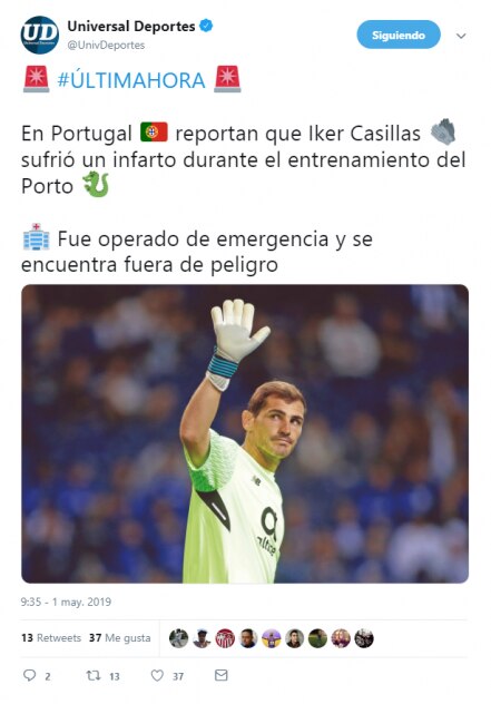 Iker Casillas sufre un infarto; fue operado de emergencia