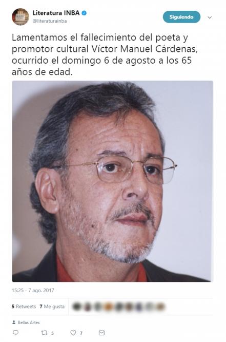 INBA lamenta muerte del poeta Víctor Manuel Cárdenas