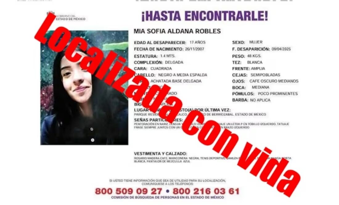 Mía Sofía fue reportada como desaparecida en Coacalco y a sus familias. Foto Especial