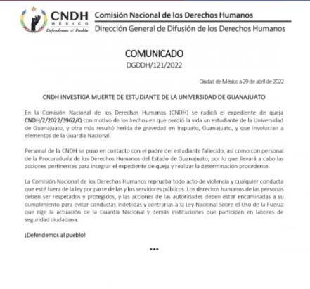 CNDH investiga muerte a tiros de estudiante por parte de la Guardia Nacional en Guanajuato