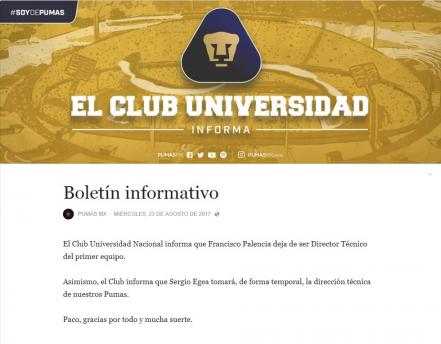 Francisco Palencia deja de ser técnico de Pumas