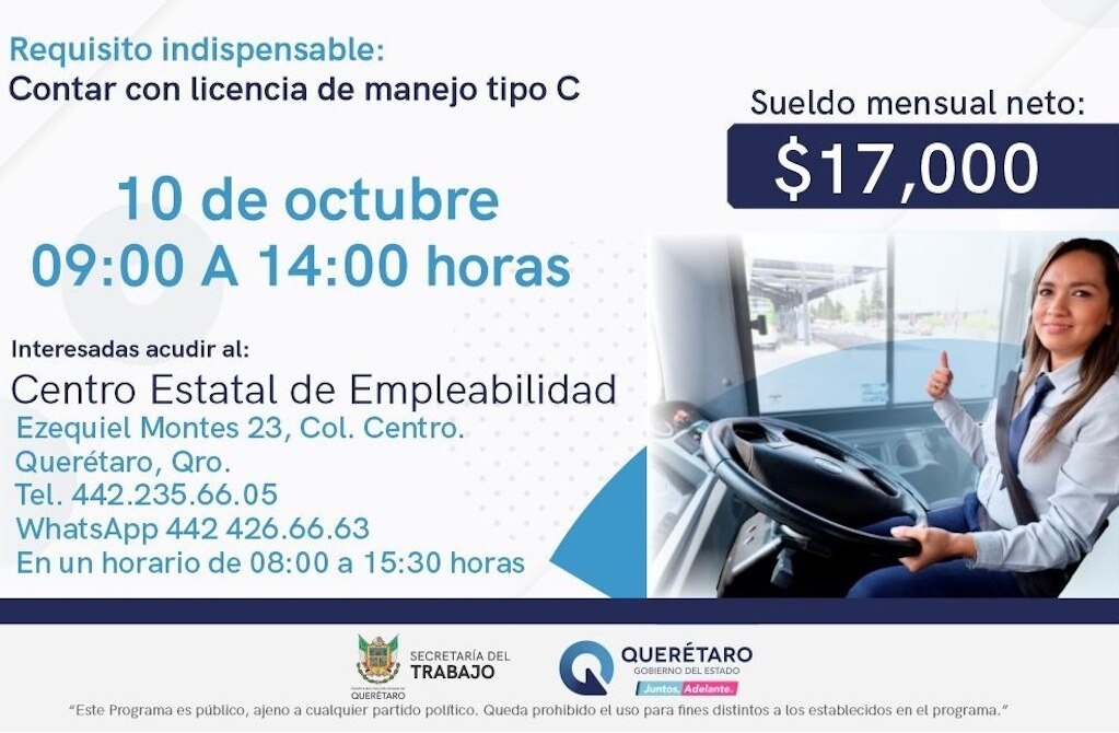 Solicitan operadoras para el transporte público; ofrecen 17 mil pesos de salario