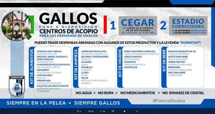 Gallos Blancos se solidariza con Sinaloa