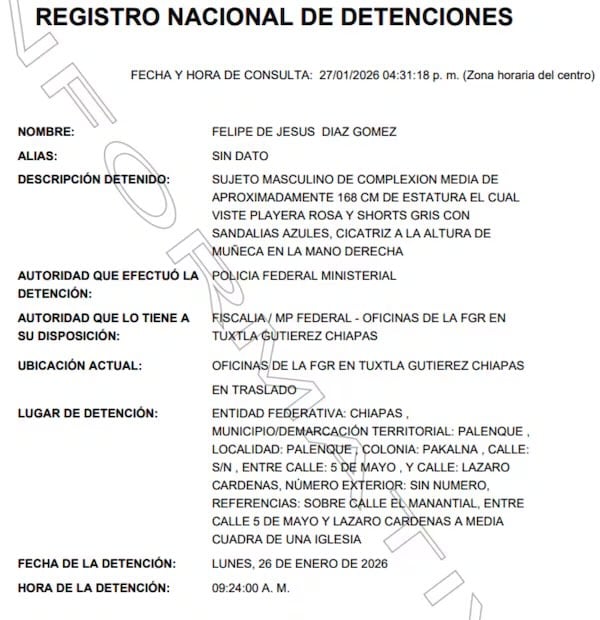 Ficha de detención del conductor del tren (27/01/2026). Foto: Captura de pantalla