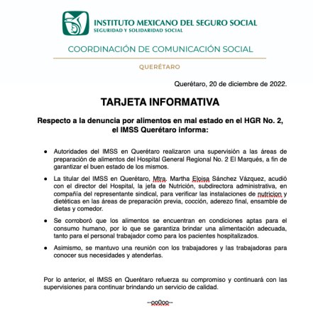 "La comida tenía gusanos", denuncia enfermera; IMSS Querétaro rechaza acusación  