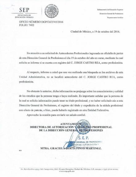 En duda, grado académico de Castro Rea