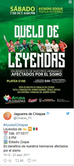 Jaguares de Chiapas hará partido de leyendas