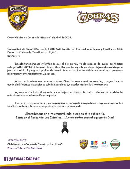 Las Cobras de Cuautitlán Izcalli se accidentan en el macrolibramiento de Querétaro 