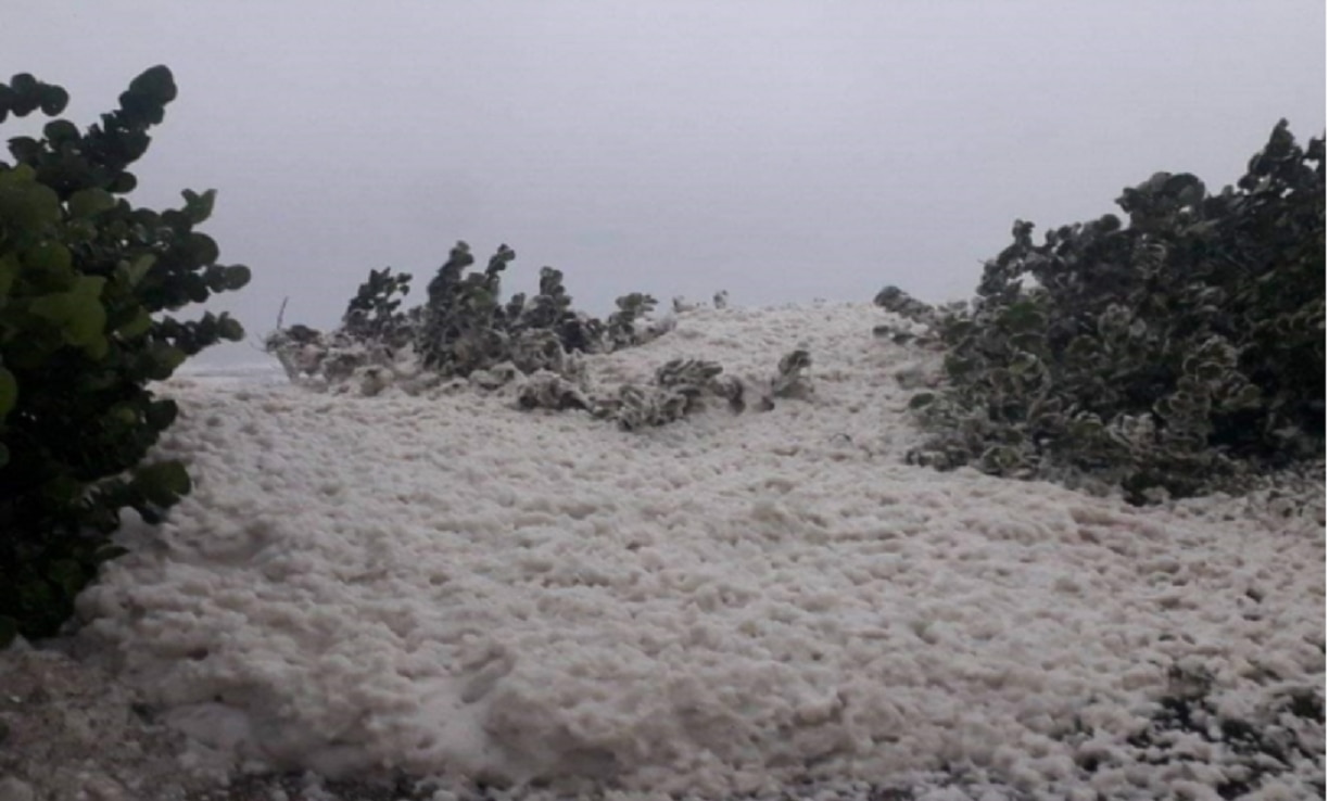 Espuma marina inunda calles de Sánchez Magallanes, Tabasco