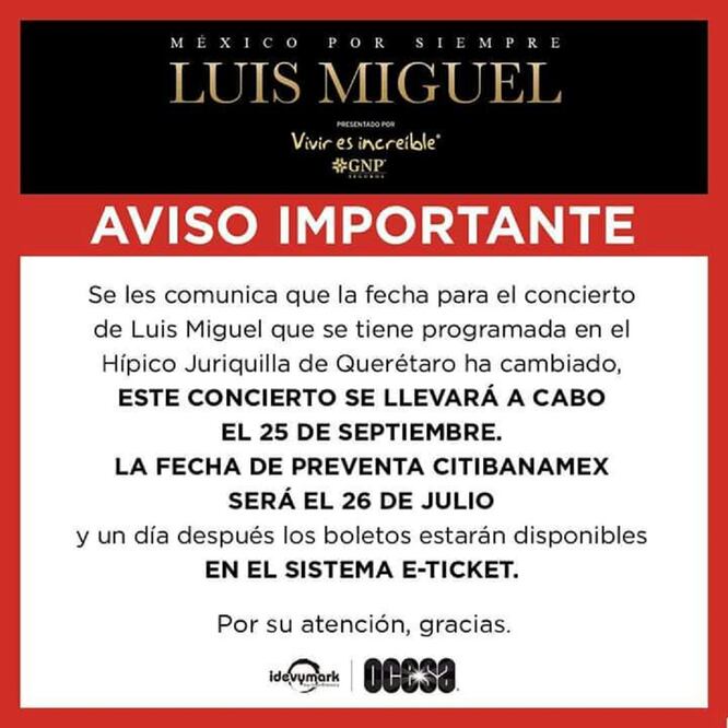 Nueva fecha para el concierto de Luis Miguel en Querétaro