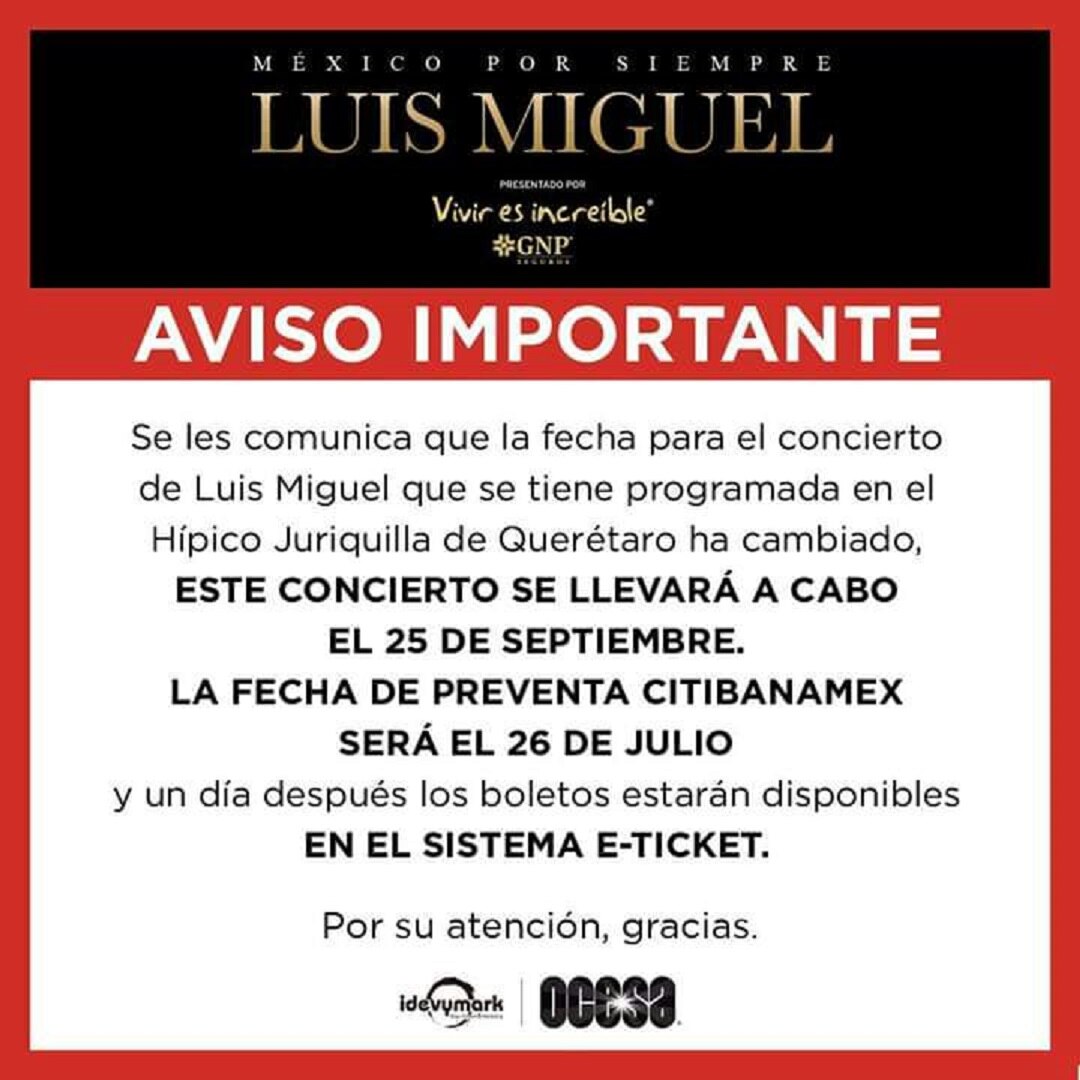 Nueva fecha para el concierto de Luis Miguel en Querétaro