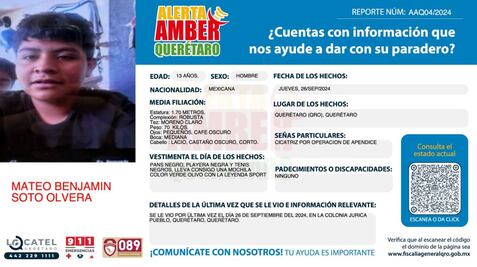 Buscan a Mateo Benjamín en Querétaro; fue visto por última vez, en Jurica Pueblo