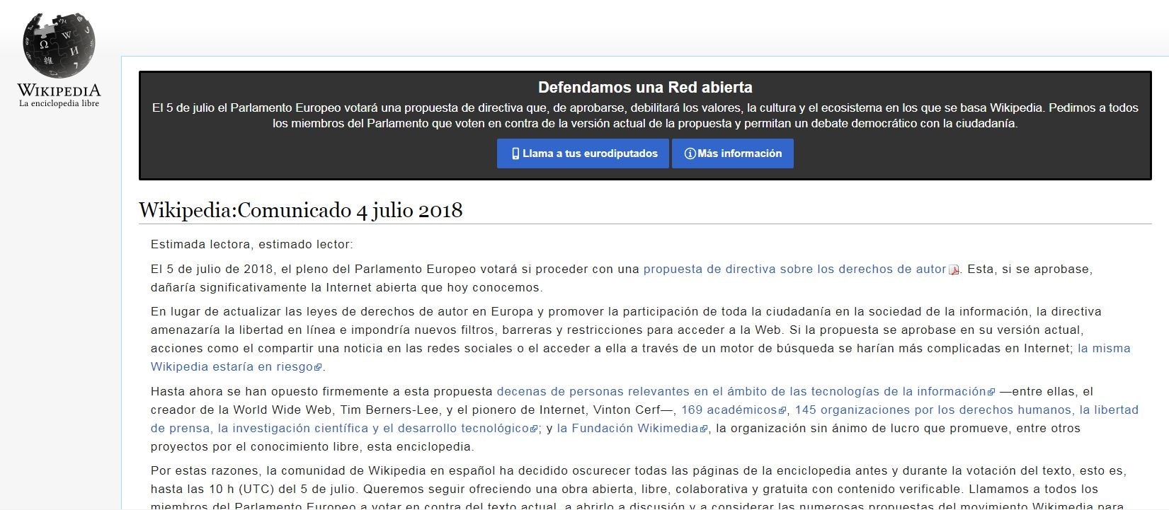 ¿De qué va la ley de derechos de autor contra la que está Wikipedia?