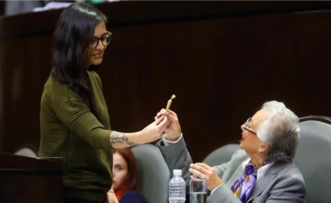 La secretaria de Gobernación recibió el regalo e incluso se despidió de la legisladora con un beso en la mejilla. Foto: Twitter @CanalCongreso