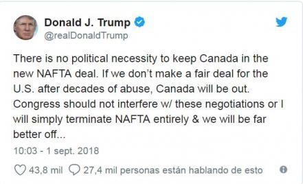 Trump amenaza con poner fin a TLCAN; acusa a Canadá de “abuso”