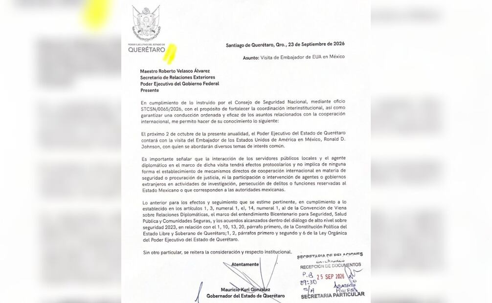 Gobierno de Querétaro sí notificó a Cancillería visita de embajador de EU. Foto: Especial.