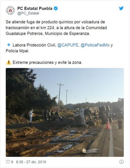 Vuelca pipa con químicos en la autopista Córdoba-Puebla