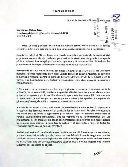 #Avance Eunice Arias renunció al PRI