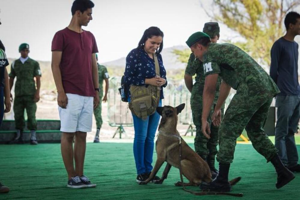 El canino mostró su adiestramiento en el Ejército Mexicano frente a cientos de los asistentes, quienes le externaron su afecto con caricias. / Foto: Demian Chávez