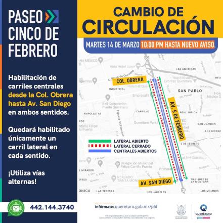 Cerrarán carriles de 5 de Febrero en dirección a Jurica 