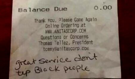 Cliente escribe mensaje racista a mesera en Virginia
